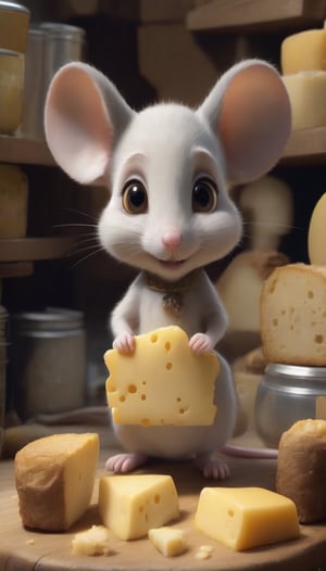 A whimsical scene unfolds: a Stanley Mouse, with an endearing gaze and delicate features, clutches a piece of mozzarella cheese in her paw. She takes a nibble, her whiskers twitching with delight, as the camera captures her anthropomorphic charm. The warm golden light casts a cozy glow on the mouse's fur, while the cheesy aroma wafts up to the viewer. In this animated movie still, Pixar's masterful brushstrokes bring to life a world where cheese is abundant and adorable, as our mouse friend savors each morsel.