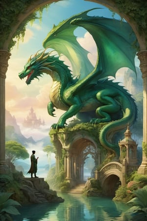 A serene fantasy realm: a silhouette of a man and his dragon stands poised on a lush, verdant floating island at the center of the image, surrounded by wispy clouds and a backdrop of radiant, shimmering mist. His mighty fingers gently caresses the hovering dragon with iridescent wings, as it perches upon her palm. Soft, ethereal light illuminates the scene, casting no shadows to mar the tranquility. The composition is balanced, with the man's gentle pose and the dragon's gentle flutter creating a sense of harmony.,Architectural100,on parchment