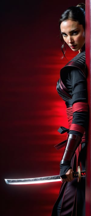 Gal Gadot as a katana wielding ninja, Gal Gadot stands poised against a dark crimson-illuminated background, her black and red kunoichi attire emphasizing dramatic tension. She wears a focused expression, her eyes burning with intensity, as she grips the hilt of her gleaming katana. The framing darkness accentuates the deep crimson hues, while the lacquered crimson accents on her hand seem to pulse with anticipation.