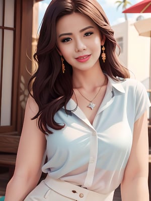 A stunning digital art piece features a ravishing Chinese model, reminiscent of Huang Ji and Dilraba Dilmurat, posing elegantly in a white shirt and pants against a neutral background. Her porcelain-like complexion is accentuated by subtle highlights, as she confidently strikes a pose, one hand resting on her hip, the other holding a delicate fan. The soft focus and warm lighting evoke a sense of intimacy, highlighting the model's striking features, inspired by Christy Ren and Li Zixin's beauty standards. In the distance, a blurred cityscape subtly adds depth to the composition.