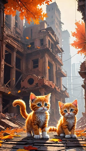 Two adorable Warrior Cats, [insert names], sit majestically on a cracked brick road amidst the ruins of a post-apocalyptic city. The once-vibrant metropolis now lies in disarray, with crumbling buildings and twisted metal wreckage stretching into the distance. Soft, warm light casts long shadows across the duo's fur as they gaze out at the desolate landscape. Their bright eyes shine like tiny stars in the dark, their whiskers twitching with a sense of wonder and curiosity. The city's decay provides a striking backdrop for these two little balls of fluff, their cute expressions a beacon of hope amidst the devastation.