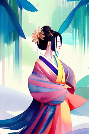 A watercolor artwork: In a tranquil Japanese mountain spa setting, a beautiful white haired young geisha gradually unwraps her kimono amidst the majestic snow-covered rainforest backdrop. Warm morning light filters through wooden slats, casting a soft glow on her delicate features and slender form. She is in a pose of looking at her side while removing her clothes in front of a misty waterfall, surrounded by snow covered greenery. As she is halway removing her garments, her slow movements reveals her wonderful cleavage, amidst the serene atmosphere. Hiroki Takeda inspired artwork,wtrcolor style