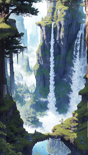 Aerial perspective, A mystical forest unfolds before us, as a majestic waterfall cascades down ancient stone walls, cloaked in lush moss and towering trees. Andreas Rocha's signature style meets John Howe's whimsical flair in this 8K fantasy landscape. Delicate ferns sway in the misty veil, while gnarled branches stretch towards the sky like nature's own cathedral. The painting's intricate details transport us to an enchanted realm, where magic dwells within every textured leaf and petal.