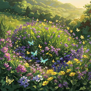 masterpiece, 4K resolution, high definition, ultra-detailed, An aerial shot, from above, A stunning landscape of a flower field stretches before us, with dainty petals dancing in the gentle breeze. A kaleidoscope of butterflies - sapphire, amethyst, and gold - flutter around, you acnt help admiring their iridescent wings aglow in warm sunlight. The composition is beautifully balanced, the flowerbed is laid in a circular pattern distinguished by their colors. A shaft of light casts a warm glow on the lush greenery, highlighting each bloom's intricate details. Framed by a serene atmosphere, this idyllic scene transports us to a world of peaceful wonder.