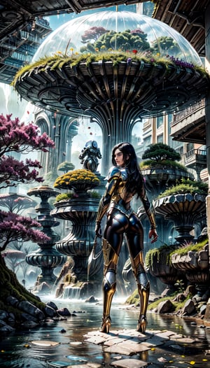 "Painting, ultra high definition, girl with long black hair and large red flowersin atitanium exoskeleton suit, yellow eyes, standing on an alien planet, sunlight illuminating metallic petals, fantasy environment, vivid hues, detailed vegetation, vast alien sky, dreamlike quality, immersive landscape. futuristic architectural details adorn the parchment background, adding depth and texture to this epic fantasy scene."
