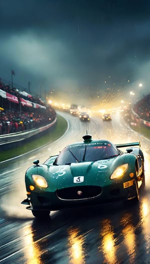 A high-speed vintage Jaguar tears around the racetrack's treacherous curve, rain-soaked tires screeching as it navigates the darkness. The blurred background of the wet track and cheering crowd is set against a backdrop of vibrant racing flags. Captured in stunning 8k resolution with hyper-detailed clarity, this photograph bursts with rich, vivid colors. A dark vignette adds depth, while high HDR lighting enhances the drama of this thrilling nighttime scene.