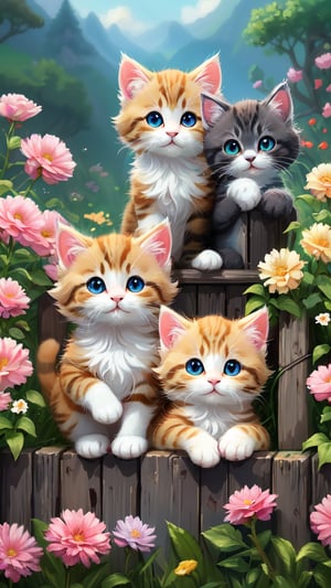 masterpiece, 8K resolution, high definition, ultra-detailed, there are five cute and cuddly kittens sitting on a fence in the flowers, adorable digital painting, cute digital art, cute cats, furry cute kittens, cute detailed digital art, two cats, illustration of 2 cats, cute cartoon, kittens, cute artwork, digital cartoon painting art, cute 3D render, lovely and cute, detailed fur, cute detailed artwork, cute and lovely, high quality wallpaper