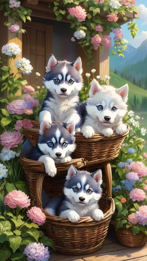 A masterpiece in 8K resolution, this ultra-detailed digital painting captures three adorable young huskies snuggled together in a woven basket amidst vibrant flowers on a warm porch. The soft focus background highlights the textured fur of the cuddly canines, while the intricate details on their faces and paws invite tactile exploration.