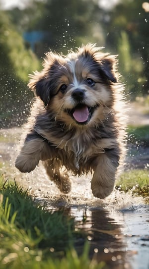 there is a small dog running through a puddle of water, happy dog, running freely, cute dog, aww, running fast towards the camera, running towards the camera, running towards camera, puppy, extremely happy, he is very happy, jumping for joy, smiling playfully, leaping towards viewer, fluffly!!!, highly detailed photo of happy