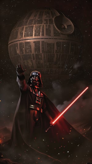 darth vader holding a light saber in front of a giant death star, darth vader, vader, star wars digital art, hd star wars photo, focus on darth vader, sith, sith lord, the fall of the galactic empire, dark vador, fighting darth vader, dark side, vader as captain america, ww 1 sith sorcerer, from star wars legends