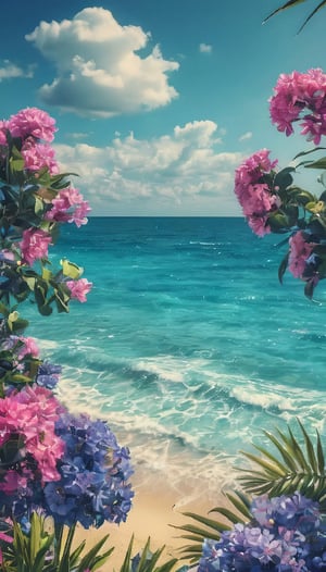 flowers and plants on the beach with a blue sky and water, flowers sea everywhere, beautiful ocean, beatiful backgrounds, gorgeous background, beach aesthetic, magnificent background, blooming tropical flowers, tropical paradise, tropical beach paradise, looking out at a pink ocean, beautiful background, tropical ocean, beautiful nature, sea in the background, amazing background, beautiful detailed scene