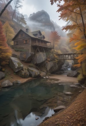 A mystical scene unfolds from the depths of the cave: a serene autumn landscape unfolds. A small, glassy lake reflects the surrounding hues as leaves dance across its stone shore. A suspension bridge, suspended precariously on ropes, spans the river's gentle current. In the distance, an old wooden house stands atop a hill, shrouded in fog amidst towering trees. The camera pans to reveal another house nestled at the foot of a majestic mountain, its dark clouds parted by a beam of light that illuminates the scene, casting warmth on the rustic abode.