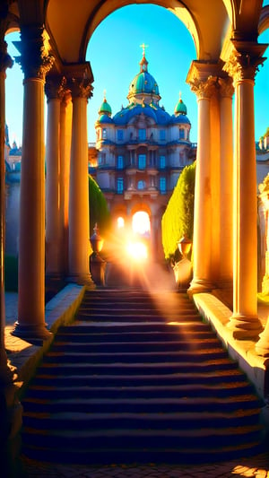 Aerial perspective reveals a breathtaking Rococo-inspired setting: grand castle hall with ornate pillars and sweeping stairs, juxtaposed against ancient ruins' crumbling structures. City streets stretch out, lined with wild pollyps on corners, bathed in warm cinematic lighting. The camera pans across intricate stone carvings, majestic archways, capturing whispers of history as sunlight dances through stained glass windows.
