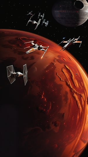 spaceships and star wars vehicles flying over a red planet, star wars digital art, tie fighters, star wars atmosphere, star wars space battle, hd star wars photo, mustafar, tie fighters patrolling, star wars universe, hq 4k phone wallpaper, tie fighter, from star wars, ilm of an epic sci-fi, x-wing