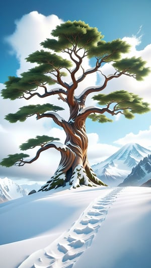 A colossal, epic fantasy tree named Zebaoth, standing tall amidst towering, snow-capped mountains in a wide-angle, cinematic lens view. The tree's intricate bark and detailed leaves are rendered in lifelike realism, showcasing smooth, 8k resolution and trending on ArtStation. With its huge trunk and sprawling branches, the tree's skin is meticulously textured, boasting a level of detailed realism that brings this 3D animation to life in a stunning and immersive manner. Presented in a 2:1 aspect ratio, the animation offers a vivid and captivating experience that will take your breath away