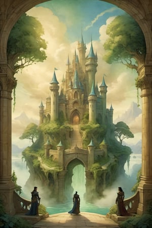 A serene fantasy realm: A dramatic illustration on parchment depicts two silhouetted figures standing at attention on a lush and verdant floating island, surrounded by wispy clouds and shimmering mist. The soft, ethereal light casts no shadows, bathing the scene in an air of tranquility. The brave duo stands ready to face the giant muscular ogre guarding the castle's gates, their confident poses offset by the behemoth's fierce gaze. The composition is balanced, with gentle curves and subtle lines guiding the viewer's eye. Architectural details adorn the parchment background, adding depth and texture to this epic fantasy scene.