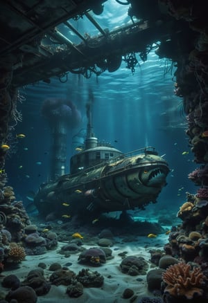 Abandoned Japanese research facility on the ocean floor, surrounded by the eerie glow of radioactive material and heavy metal contamination. A giant mutated fish, its body twisted and distorted from nuclear exposure, floats in front of a disused reactor core. The dark, abyssal waters entangle the structure, as if trying to reclaim it for the depths of the sea. Profound details reveal the devastating impact of human neglect.