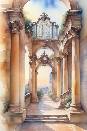 A watercolor painting, Aerial perspective reveals a breathtaking Rococo-inspired setting: grand castle hall with ornate pillars and sweeping stairs, juxtaposed against ancient ruins' crumbling structures. City streets stretch out, lined with wild pollyps on corners, bathed in warm cinematic lighting. The camera pans across intricate stone carvings, majestic archways, capturing whispers of history as sunlight dances through stained glass windows.
