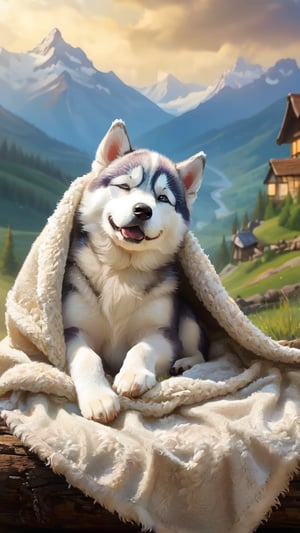 masterpiece, 8K resolution, high definition, ultra-detailed, a 8-week old husky is sleeping with his blanket with a smile on his face, eyes closed and tiny tongue out, the scenery is magical almost like in a fairytale