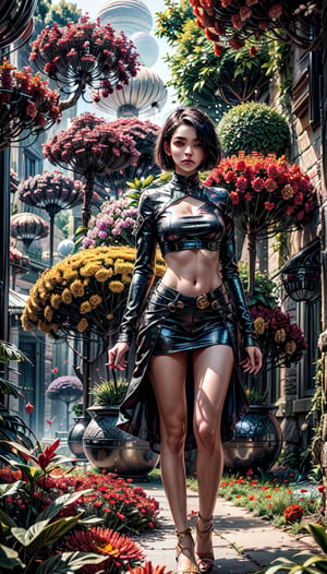 "Painting, ultra high definition, girl with short black hair and large red flowers, yellow eyes, standing on an alien planet, sunlight illuminating metallic petals, fantasy environment, vivid hues, detailed vegetation, vast alien sky, dreamlike quality, immersive landscape."