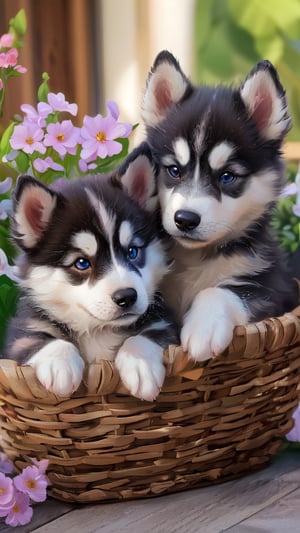 masterpiece, 8K resolution, high definition, ultra-detailed, there are three cute and cuddly young huskies cuddled  in a woven basket on a porch  in the flowers, adorable digital image, cute digital art, cute cats, furry husky puppies, cute detailed digital art, two K9 puppies, illustration of 2 cats, cute cartoon, puppies, cute artwork, digital cartoon painting art, cute 3D render, lovely and cute, detailed fur, cute detailed artwork, cute and lovely, high quality wallpaper