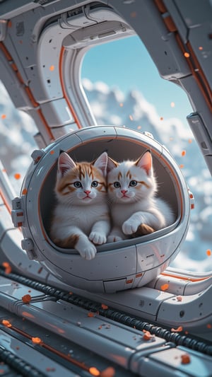 masterpiece, 8K resolution, high definition, ultra-detailed, there are two cute and cuddly kitten cuddled  inside a futuristic feline carrier on a corner in a spaceship bridge, adorable digital image, cute digital art, cute cats, furry kittens, cute detailed digital art, two Ragdoll kitten, illustration of a futuristic cute kittens, cats, cute cartoon, puppies, cute artwork, digital cartoon painting art, cute 3D render, lovely and cute, detailed fur, cute detailed artwork, cute and lovely, high quality wallpaper