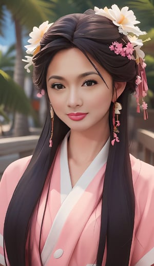 A close-up shot of an ancient Chinese princess, adorned with long flowing hair and a stunning pink hanfu dress, evokes the style of Guweiz's artwork. The subject, a beautiful young woman in traditional Chinese attire, sits regally amidst ornate palace settings, bathed in soft, golden light. Inspired by the likes of Yun Du-eso, Lan Ying, and Zhang Yan, this exquisite digital painting captures the essence of Chinese culture and beauty.