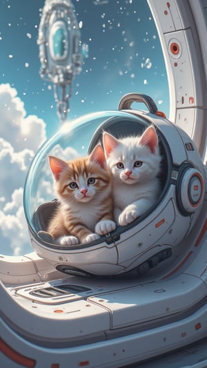 masterpiece, 8K resolution, high definition, ultra-detailed, there are two cute and cuddly kitten cuddled  inside a futuristic feline carrier on a corner in a spaceship bridge, adorable digital image, cute digital art, cute cats, furry kittens, cute detailed digital art, two Ragdoll kitten, illustration of a futuristic cute kittens, cats, cute cartoon, puppies, cute artwork, digital cartoon painting art, cute 3D render, lovely and cute, detailed fur, cute detailed artwork, cute and lovely, high quality wallpaper