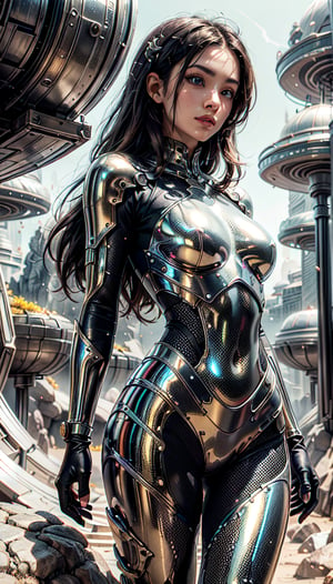 "iPhone 10 wallpaper, ultra high definition, a japanese girl with long white hair and an edged titanium exoskeleton suit, calm neon glow blue eyes, standing on an alien planet, yellow sunlight illuminating metallic petals, fantasy environment, vivid hues, detailed vegetation, vast alien sky, dreamlike quality, immersive landscape. futuristic architectural details adorn the parchment background, adding depth and texture to this epic fantasy scene."