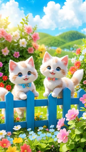 Two white kittens sit adorably on a vibrant blue fence amidst lush greenery in a sunny garden. Softly lit by warm afternoon rays, their tiny paws dangle precariously as they gaze up at something with wide, curious eyes. Rendered in exquisite detail, every whisker and fur strand is lovingly crafted to showcase their irresistible cuteness. The surrounding flowers bloom in harmony with the kittens' bright white coats, creating a visually stunning tableau of adorable digital art.