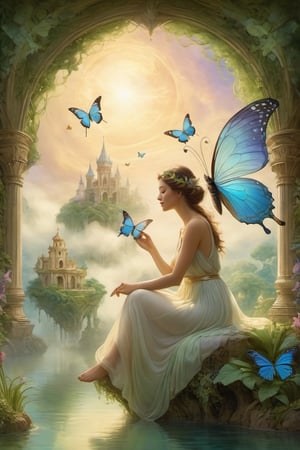 A serene fantasy realm: a woman sits poised on a lush, verdant floating island, surrounded by wispy clouds and a backdrop of radiant, shimmering mist. Her slender fingers gently cradle a delicate butterfly with iridescent wings, as it perches upon her palm. Soft, ethereal light illuminates the scene, casting no shadows to mar the tranquility. The composition is balanced, with the woman's gentle pose and the butterfly's gentle flutter creating a sense of harmony.,Architectural100,on parchment