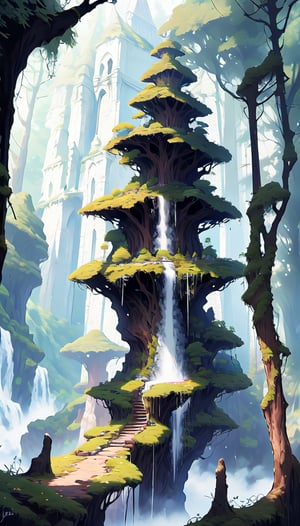 A mystical forest unfolds before us, as a majestic waterfall cascades down ancient stone walls, cloaked in lush moss and towering trees. Andreas Rocha's signature style meets John Howe's whimsical flair in this 8K fantasy landscape. Delicate ferns sway in the misty veil, while gnarled branches stretch towards the sky like nature's own cathedral. The painting's intricate details transport us to an enchanted realm, where magic dwells within every textured leaf and petal.