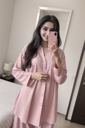  A stunning 18-year-old pakistani beauty,,small tits taking a mirror selfie in his bed room with piercing black eyes and a radiant smile, captured in hyper-realistic detail. She is dressed in a stylish pink and red kameez shalwar, .