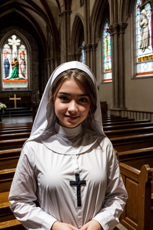 
a girl dressed as a nun in the church, looking at the viewer, different poses, different angles