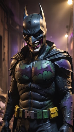 A hyper-realistic, detailed and cinematic representation of the Batman who laughs. He wears his damaged purple and green Batsuit, which has scratches, tears and blood stains, a destroyed cape and hood, tattered armor, and a worn and cracked helmet. joker smile, smile with sharp teeth, mouth painted stained red, He is in an alley surrounded by smoke and garbage. The background is a dark cityscape, Batman's silhouette is imposing and powerful. The lighting is dramatic and cinematic, with strong shadows and lights that accentuate the details of his costume and the skulls. The rendering is ultra-realistic and high-quality, with sharp details and textures,  Batman shield painted on the chest with yellow spray, clown gun in his hands, full body, photorealistic skin and hair, and a cinematic atmosphere.