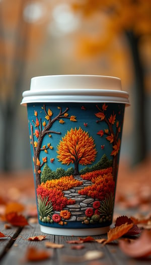 Embroidery designs that capture the essence of autumn, fall, and winter, perfect for adorning a small coffee cup, inspired by Frank Frazetta's artistry. These designs, reminiscent of the snapshot aesthetic and Miki Asai's macro photography, offer a close-up view with hyper-detailed elements. Currently trending on ArtStation, they feature sharp focus, are suitable for studio photography, and boast intricate, highly detailed workmanship.