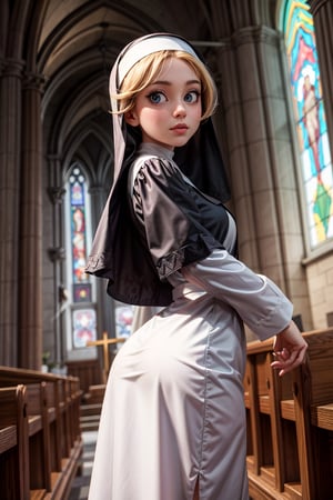 
a girl dressed as a nun in the church, looking at the viewer, different poses, different angles