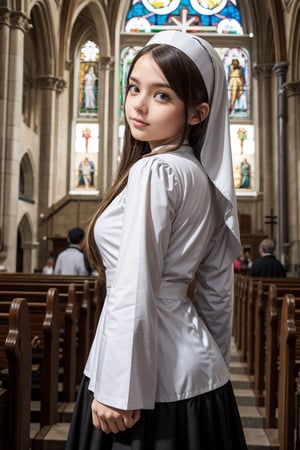 
a girl dressed as a nun in the church, looking at the viewer, different poses, different angles