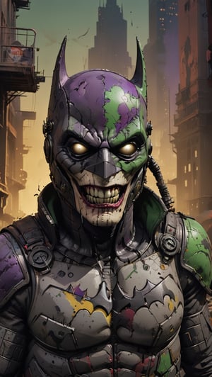 A hyper-realistic, detailed and cinematic representation of the Batman who laughs. He wears his damaged purple and green Batsuit, which has scratches, tears and blood stains, a destroyed cape and hood, tattered armor, and a worn and cracked helmet. joker smile, smile with sharp teeth, mouth painted stained red, He is in an alley surrounded by smoke and garbage. The background is a dark cityscape, Batman's silhouette is imposing and powerful. The lighting is dramatic and cinematic, with strong shadows and lights that accentuate the details of his costume and the skulls. The rendering is ultra-realistic and high-quality, with sharp details and textures,  Batman shield painted on the chest with yellow spray, clown gun in his hands, full body, Harlequin boots, photorealistic skin and hair, and a cinematic atmosphere.,Comic Book-Style 2d