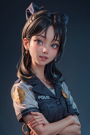 police officer, police officer, (bow-shaped hair), ((police uniform)), (police officer), (realistic and detailed eyes, natural skin texture, confident expression), dynamic composition, soft but striking lighting, shallow depth field, sharp bokeh details, highly detailed, hyper realistic, 50mm lens, flashlight, naturally blurred background, bad_cop,ValkyriePoliceStudent