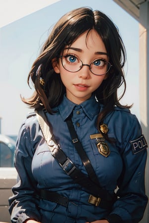 police officer, police officer, (bow-shaped hair), ((police uniform)), (police officer), (realistic and detailed eyes, natural skin texture, confident expression), wide hips, dynamic composition, soft but striking lighting, shallow depth field, sharp bokeh details, highly detailed, hyper realistic, 50mm lens, flashlight, naturally blurred background, bad_cop, full body
,bodysuit, brown hair,nerd_girl,Makeup