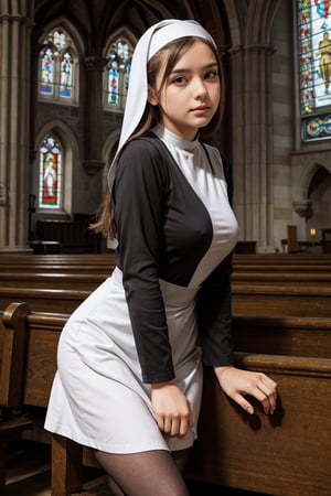 
a girl dressed as a nun in the church, looking at the viewer, different poses, different angles