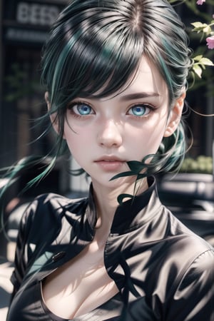 ((1girl)),kozuki hiyori, (3d rendering),(3d girl), ((solo)), Half body, details, (Long straight hairs),((blue-green hair:0.8)),big eyes,( detailed beautiful eyes), ( detailed face), (extremely detailed CG, ultra-detailed, best shadow), ((depth of field)), (loses black shirt),flowers and petals,Masterpiece,Breasts 