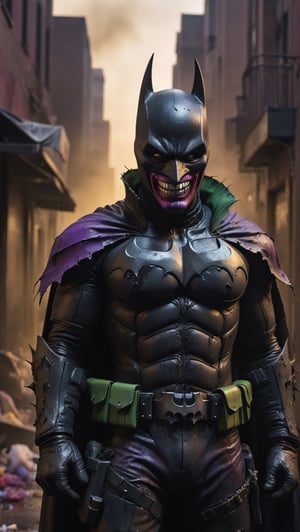 A hyper-realistic, detailed and cinematic representation of the Batman who laughs. He wears his damaged purple and green Batsuit, which has scratches, tears and blood stains, a destroyed cape and hood, tattered armor, and a worn and cracked helmet. joker smile, smile with sharp teeth, mouth painted stained red, He is in an alley surrounded by smoke and garbage. The background is a dark cityscape, Batman's silhouette is imposing and powerful. The lighting is dramatic and cinematic, with strong shadows and lights that accentuate the details of his costume and the skulls. The rendering is ultra-realistic and high-quality, with sharp details and textures,  Batman shield painted on the chest with yellow spray, clown gun in his hands, full body, Harlequin boots, photorealistic skin and hair, and a cinematic atmosphere.