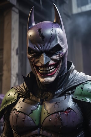 A hyper-realistic, detailed and cinematic representation of the Batman who laughs. He wears his damaged purple and green Batsuit, which has scratches, tears and blood stains, a destroyed cape and hood, tattered armor, and a worn and cracked helmet. joker smile, smile with sharp teeth, mouth painted stained red, He is in an alley surrounded by smoke and garbage. The background is a dark cityscape, Batman's silhouette is imposing and powerful. The lighting is dramatic and cinematic, with strong shadows and lights that accentuate the details of his costume and the skulls. The rendering is ultra-realistic and high-quality, with sharp details and textures, photorealistic skin and hair, and a cinematic atmosphere.