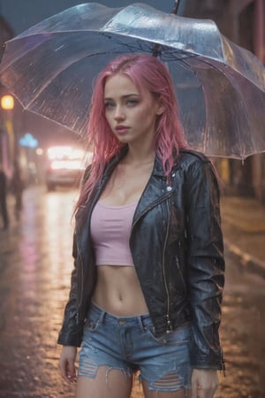 masterpiece, best quality, ultra realistic illustration, 16K, (HDR), high resolution, girl only, (long pink hair: 1.3), slim and attractive body ratio, 1 girl with pink hair and blue eyes (with a leather jacket, a torn light blue jean, and some sneakers), full body In the shot, the rain is wetting all of his hair, face and body, (under the rain), (wet hair), body and clothes wet by the rain), you can see how the water wets her entire body, (very detailed background of a night city, with neon lights, blue violet and pink neon lights, add more details, magical color, perfect fingers, girl, wet hair, wet face, wet body and 