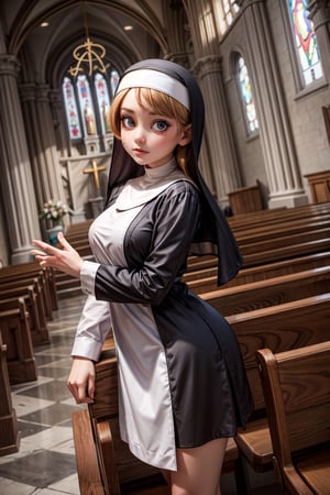 a girl dressed as a nun in the church, looking at the viewer, different poses, different angles
slim body, defined silhouette