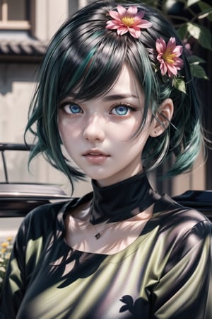 ((1girl)),kozuki hiyori, (3d rendering),(3d girl), ((solo)), Half body, details, (Long straight hairs),((blue-green hair:0.8)),big eyes,( detailed beautiful eyes), ( detailed face), (extremely detailed CG, ultra-detailed, best shadow), ((depth of field)), (loses black shirt),flowers and petals,Masterpiece,Breasts 