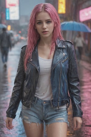 masterpiece, best quality, ultra realistic illustration, 16K, (HDR), high resolution, girl only, (long pink hair: 1.3), slim and attractive body ratio, 1 girl with pink hair and blue eyes (with a leather jacket, a torn light blue jean, and some sneakers), full body In the shot, the rain is wetting all of his hair, face and body, (under the rain), (wet hair), body and clothes wet by the rain), you can see how the water wets her entire body, (very detailed background of a night city, with neon lights, blue violet and pink neon lights, add more details, magical color, perfect fingers, girl, wet hair, wet face, wet body and clothes