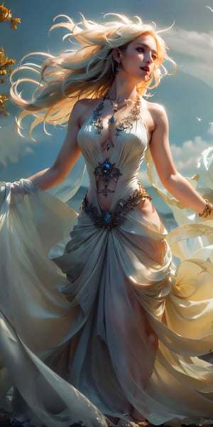 A woman with blonde hair is captured in a dynamic pose, her arm extended as if reaching out to something unseen. She's dressed in an elegant strapless gown that flows around her, adorned with intricate jewelry and a choker necklace. The backdrop is a softly blurred landscape, suggesting a dreamlike or otherworldly setting.